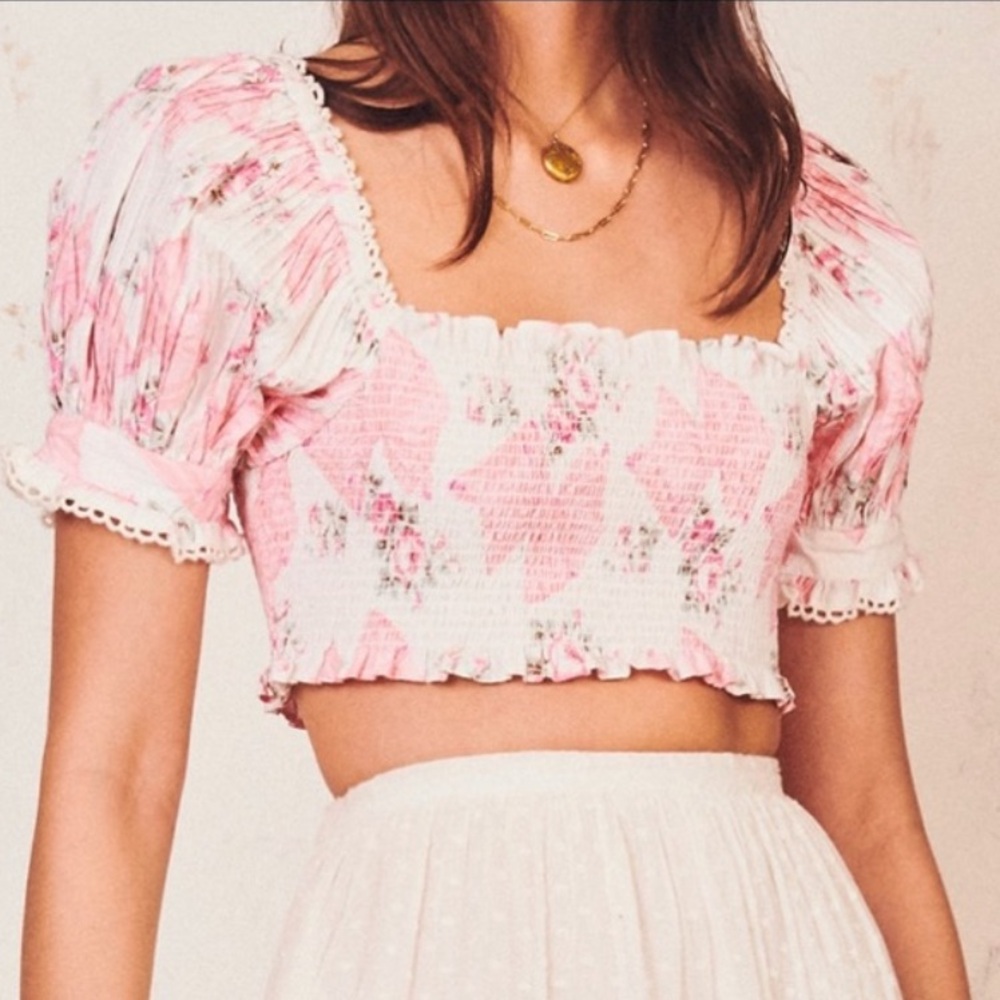 LoveShackFancy Pink Floral Crop Top